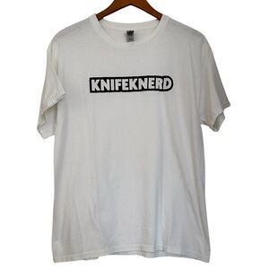 Gildan Men’s White T-Shirt Knife K Nerd Heavy Cotton Size L Crew Neck Graphic
